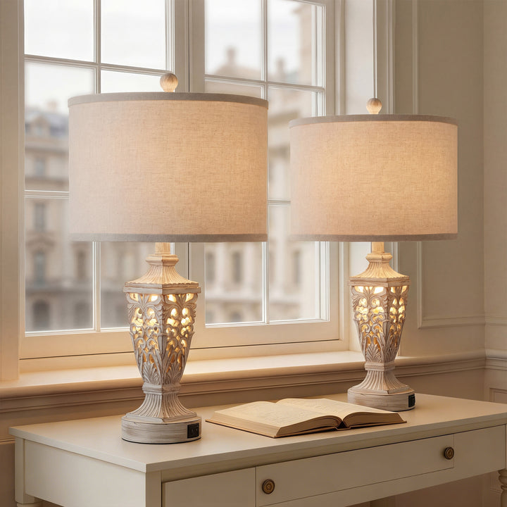 Farmhouse Carved Resin Table Lamp Set with Linen Drum Shades (Set of 2) #T278