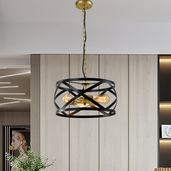 Maxax 3- Light Lantern Drum & Geometric With Wrought Iron #MX21022