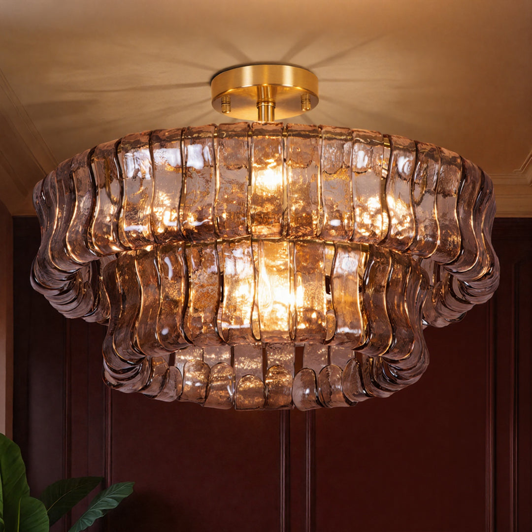Lumen 20" 6-Light Brushed Brass Double-Layer Clear Artistic Glass Unique / Statement Semi-Flush Mount For Living Room/Bedroom #19235