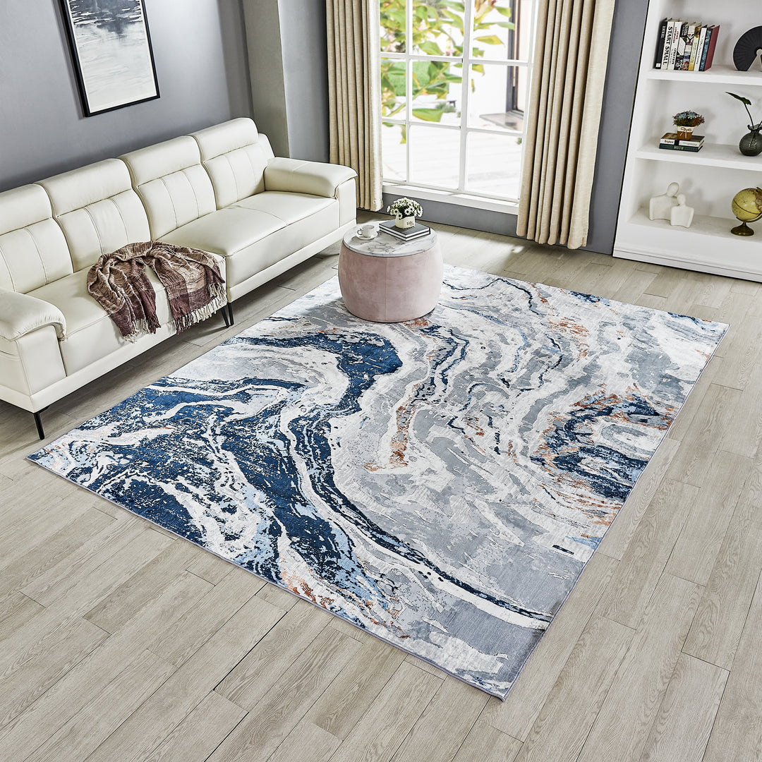 Lobello Blue Abstract Rugs Swirling Designs Machine Washable