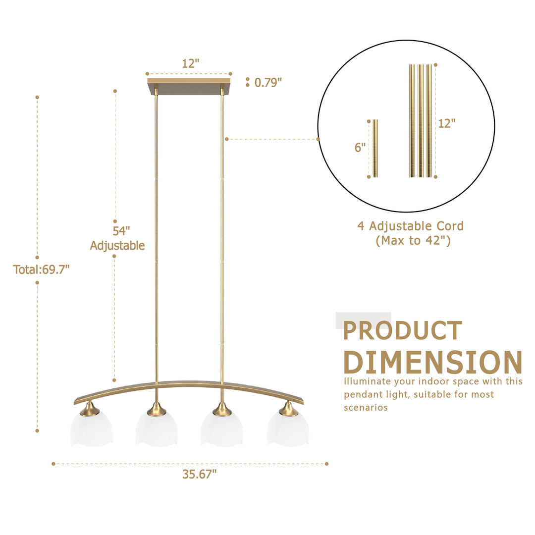 Twilight 4-Light 36"W Black/Brass Modern Linear Pendant Chandelier With Flower Frosted Glass Shades For Dining Room Or Kitchen Island #P39015