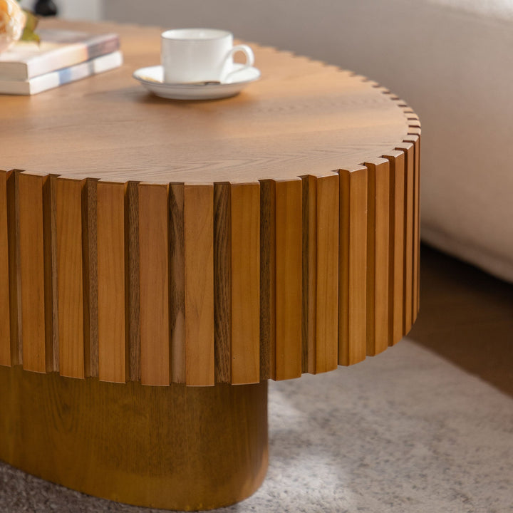 Timeless Round Coffee Table Handcrafted Relief Wooden Olive-Shaped Tea Table For Living Room #25013