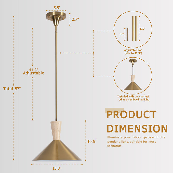 1-Light 13.8"W Black Metal Modern Cone Pendant With Marble Decoration For Kitchen Island Or Dining Room #19236