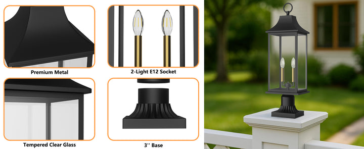 Pathfinder 2 - Light 23.6''h  Black And Gold Iron Outdoor Post Light With Clear Tempered Glass #7091