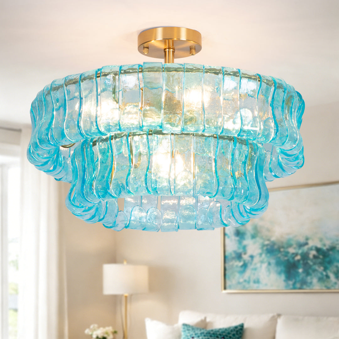 Lumen 20" 6-Light Brushed Brass Double-Layer Clear Artistic Glass Unique / Statement Semi-Flush Mount For Living Room/Bedroom #19235
