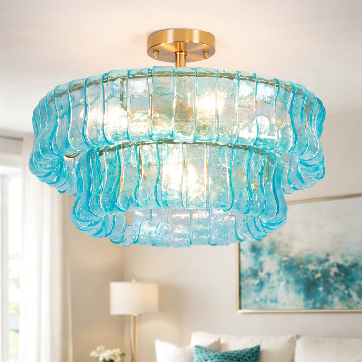 Lumen 20" 6-Light Brushed Brass Double-Layer Clear Artistic Glass Unique / Statement Semi-Flush Mount For Living Room/Bedroom #19235