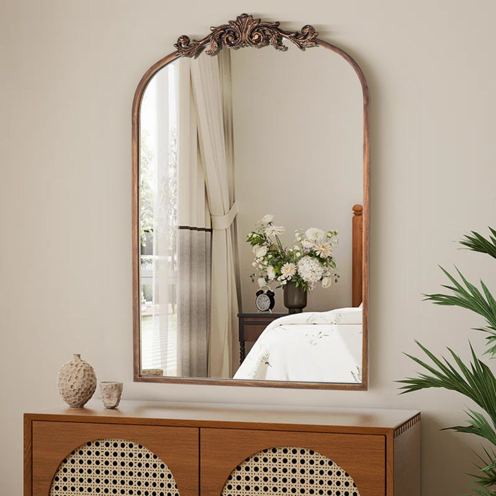 Opulence 20 in. W x 30 in. H Vintage Carved Arched Framed Wall Bathroom Vanity Mirror in Cast Iron Floral #31009