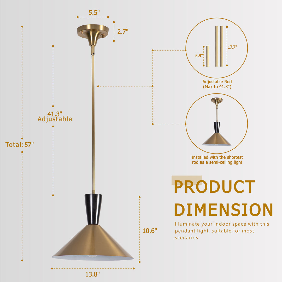 1-Light 13.8"W Black Metal Modern Cone Pendant With Marble Decoration For Kitchen Island Or Dining Room #19236
