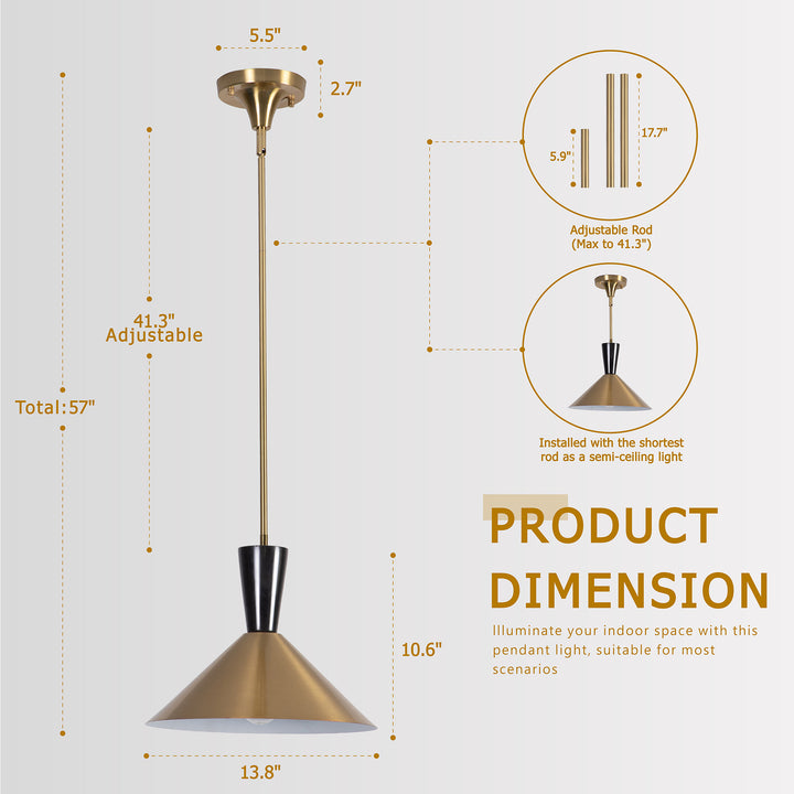 1-Light 13.8"W Black Metal Modern Cone Pendant With Marble Decoration For Kitchen Island Or Dining Room #19236