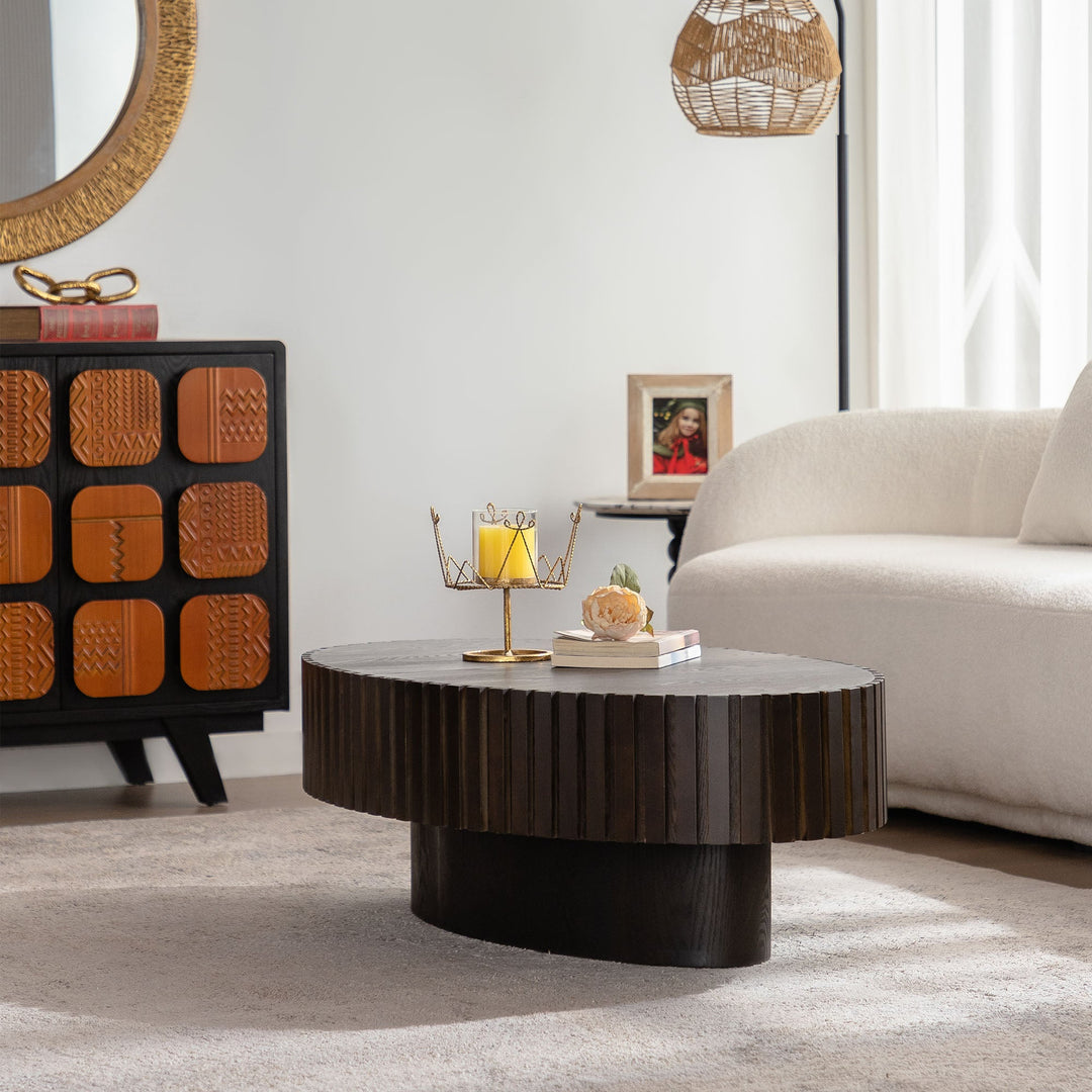 Timeless Round Coffee Table Handcrafted Relief Wooden Olive-Shaped Tea Table For Living Room #25013