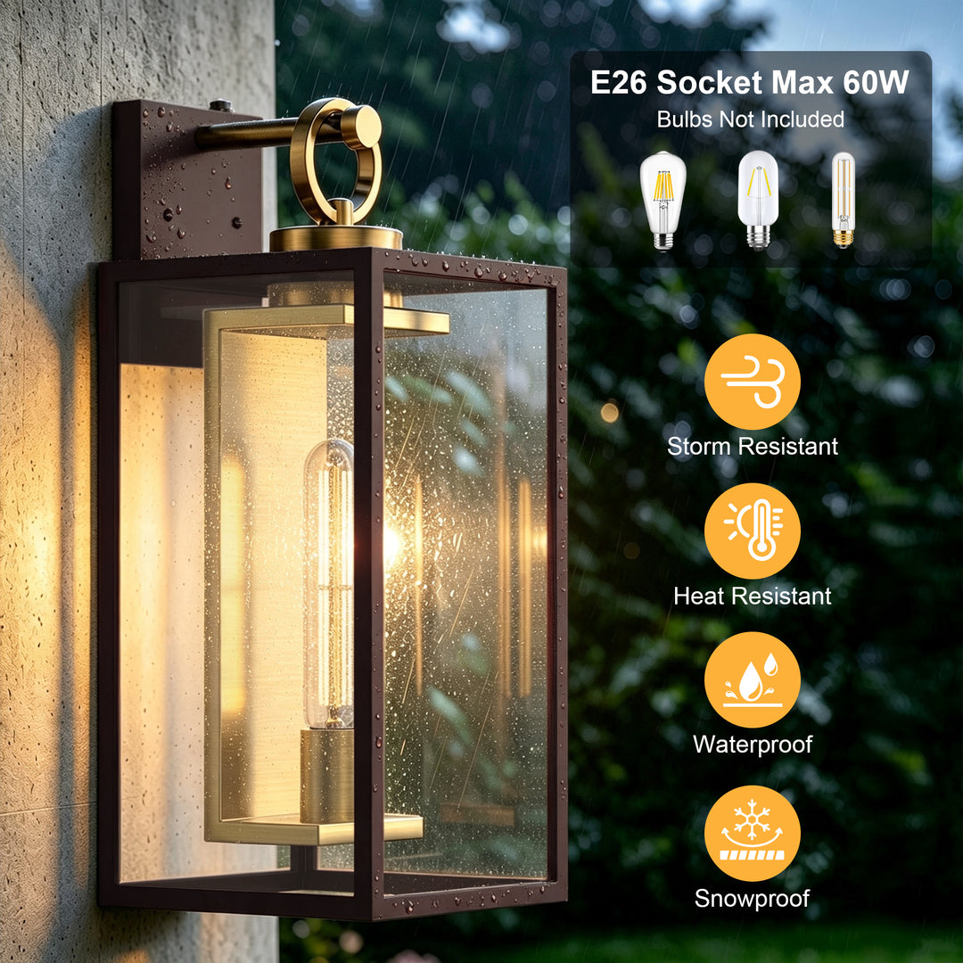 18.11" 1-Light Dusk-to-Dawn Outdoor Wall Sconce, Waterproof Matte Black Lantern with Clear Glass &amp; Brushed Gold Interior 