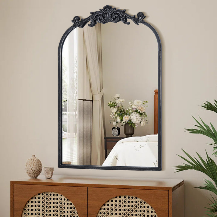 Opulence 20 in. W x 30 in. H Vintage Carved Arched Framed Wall Bathroom Vanity Mirror in Cast Iron Floral #31009