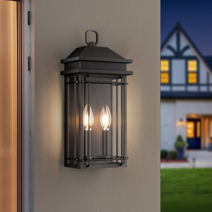 Solstice 2 - Light 16''H Black Iron Tempered Glass Outdoor Wall Light With Dusk To Dawn #7083