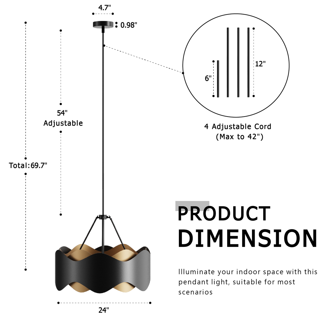 Glimmer 6-Light 24"W Black/Gold Modern Drum Chandelier With Iron Shade For Bedroom Or Living Room #MX21056