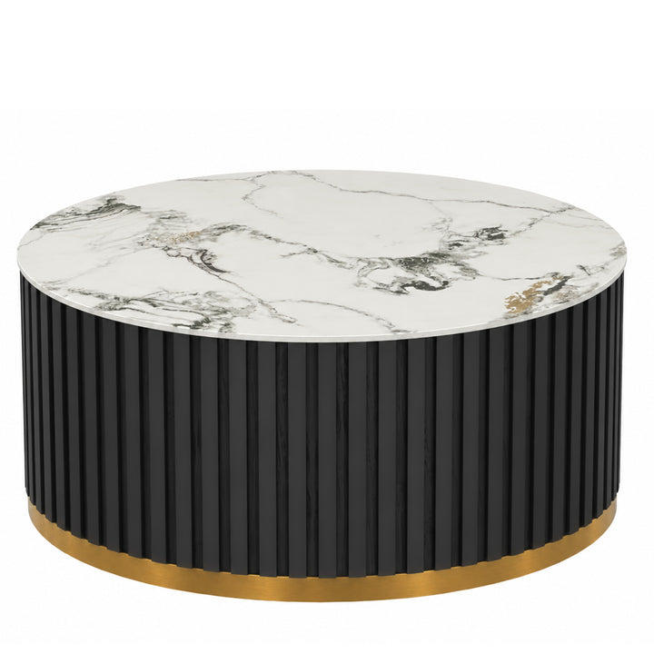 36" Solid Wood Round Drum Coffee Table with Sintered Stone Top #25049