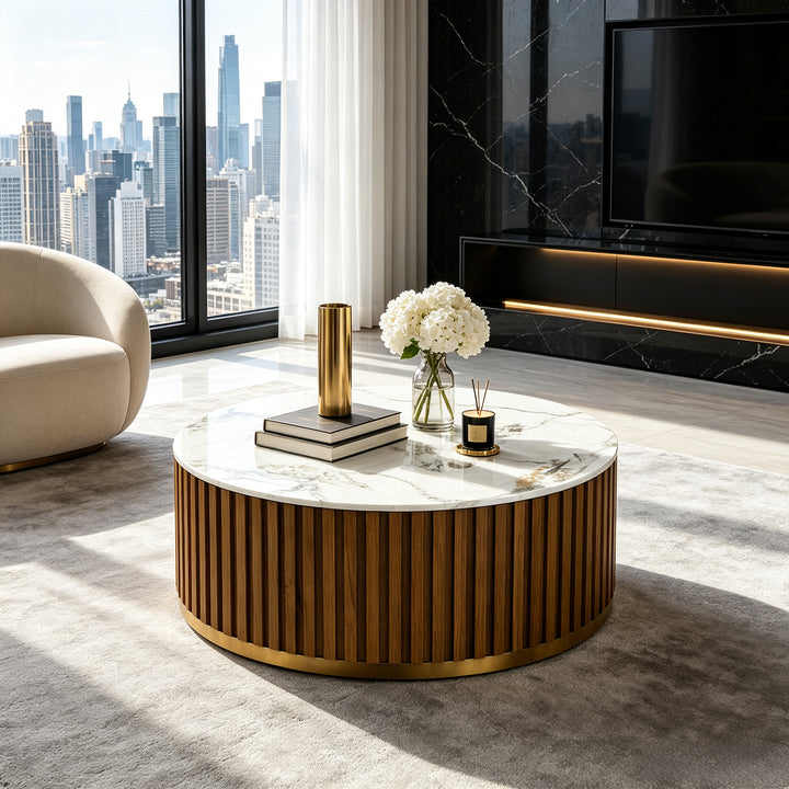 36" Solid Wood Round Drum Coffee Table with Sintered Stone Top #25049