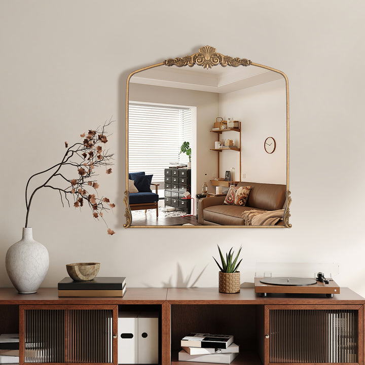 Opulence 37 in. W x 40 in. H Baroque Carved Vintage Gold Arched Framed Wall Bathroom Vanity Mirror #30002