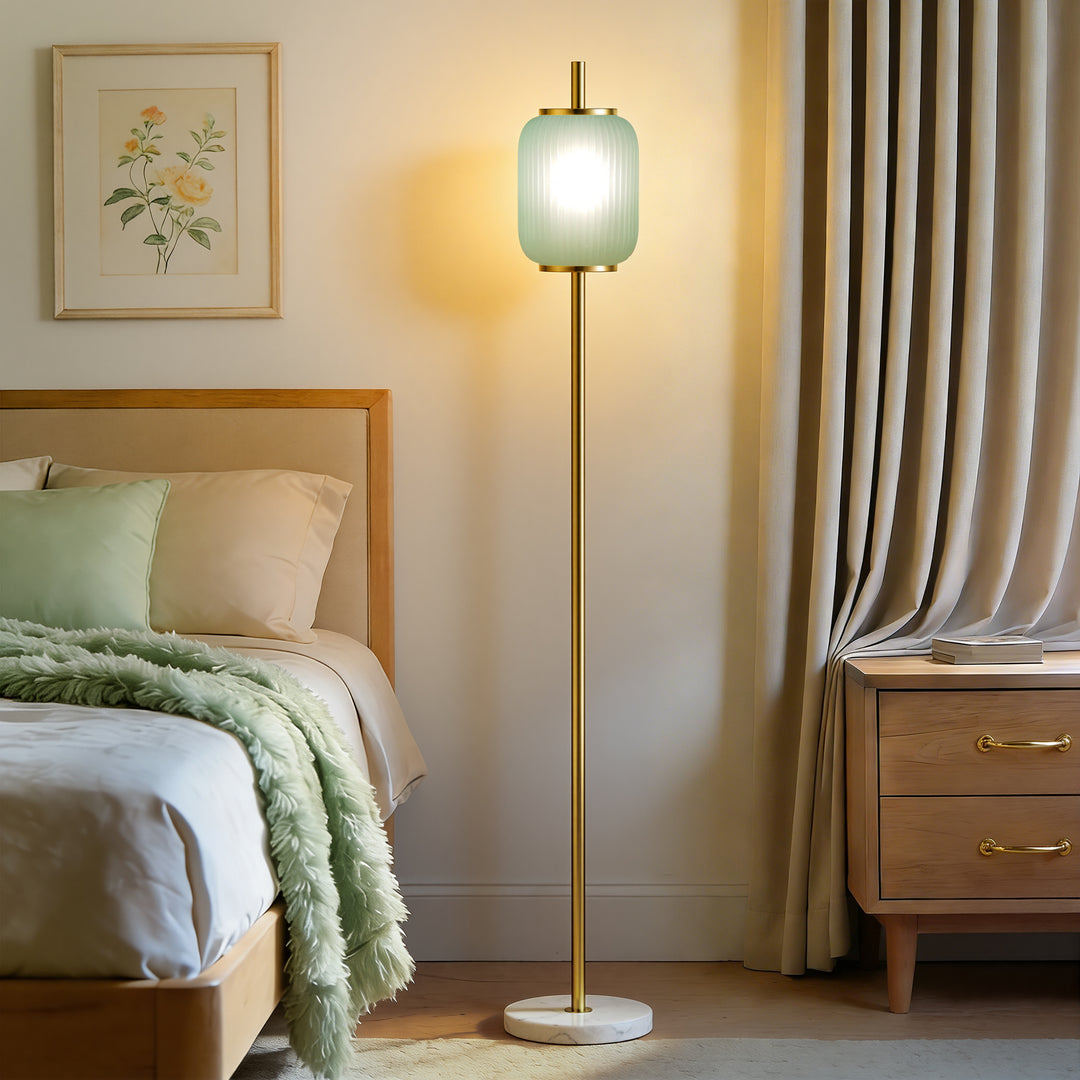 64" Modern Brass Floor Lamp With Ribbed Green Glass Shade And Marble Base, Tall Standing Light For Living Room And Bedroom #