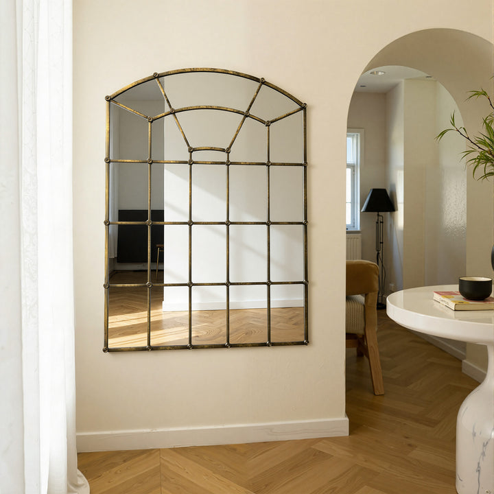Reflect Vintage Metal Framed Arch Bronze Window & Wall Mantel Mirror For Living Room Entryway #30005