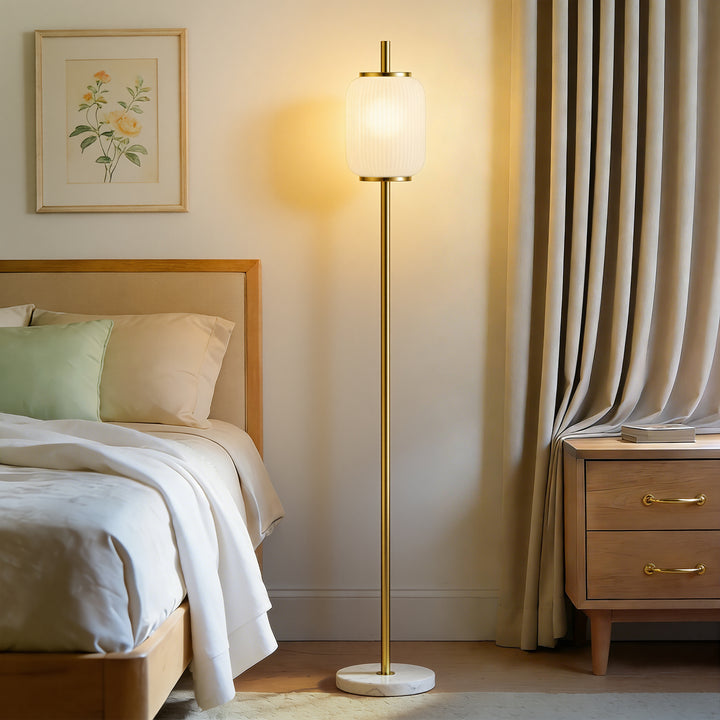 64" Modern Brass Floor Lamp With Ribbed Green Glass Shade And Marble Base, Tall Standing Light For Living Room And Bedroom #