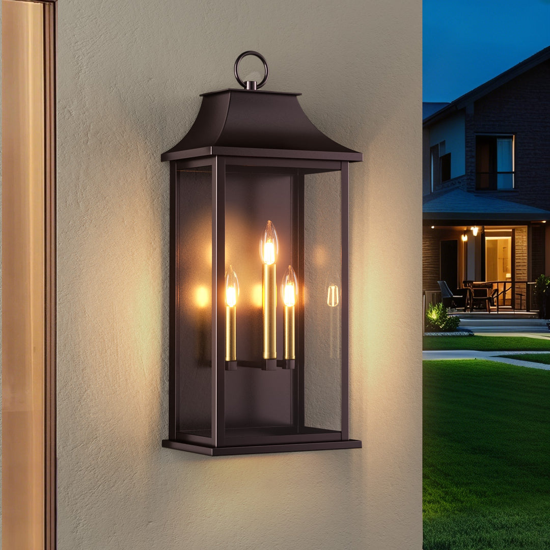 Maxax 25-Inch Bronze Outdoor Wall Lantern, 3-Light Dusk to Dawn Outdoor Wall Sconce for Porch, Patio #7008