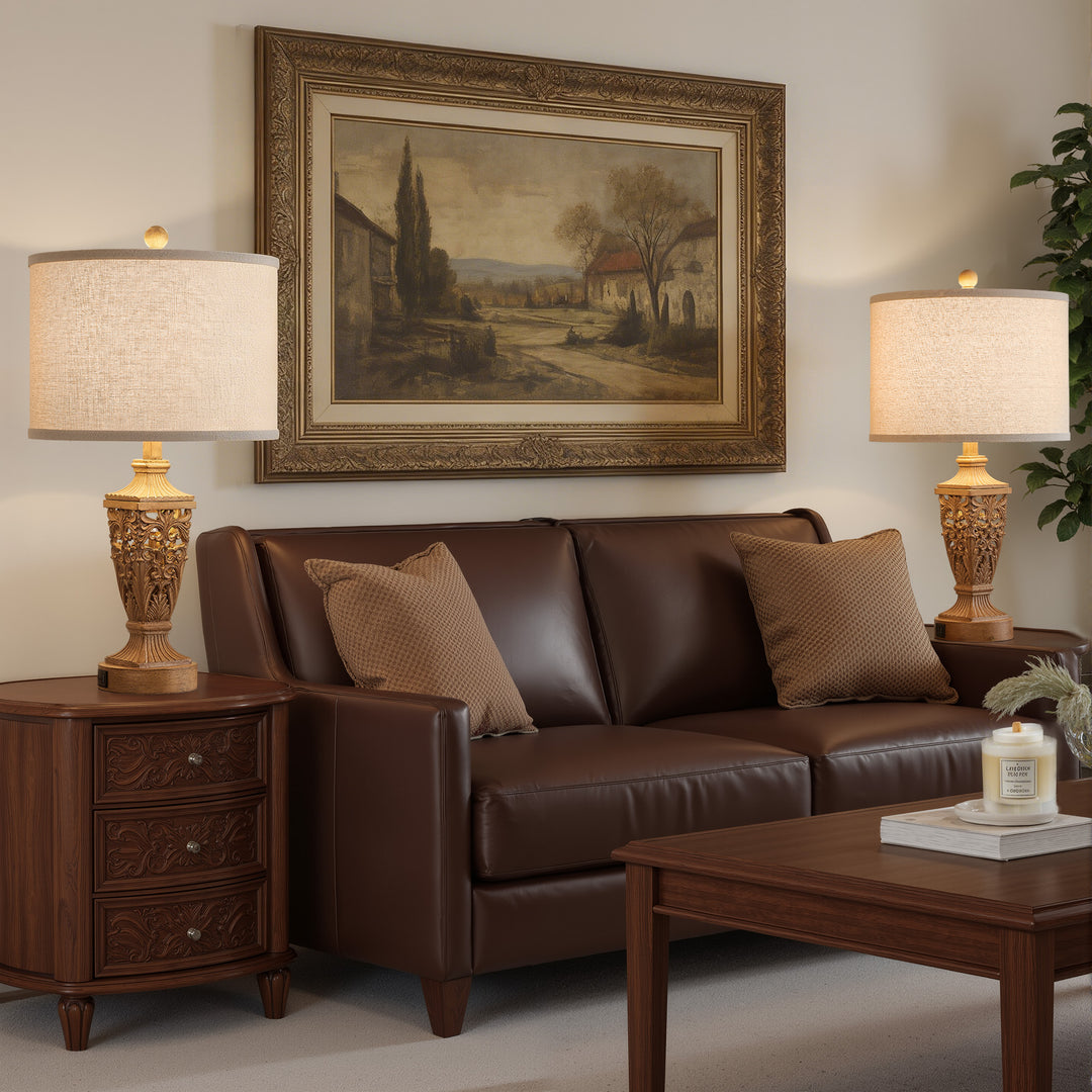 Farmhouse Carved Resin Table Lamp Set with Linen Drum Shades (Set of 2) #T278