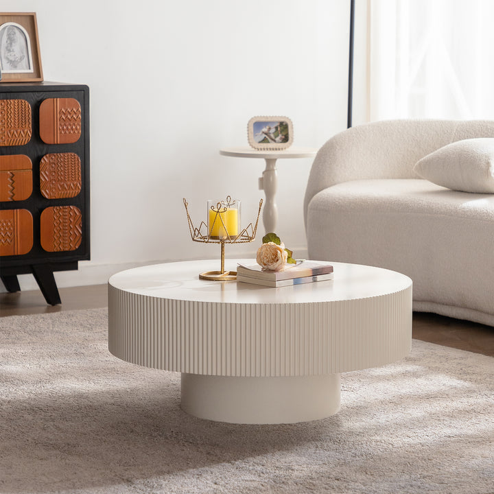 Timeless 31.5 Inch Modern Round Coffee Table With Solid Wood Groove Design For Living Room #25016