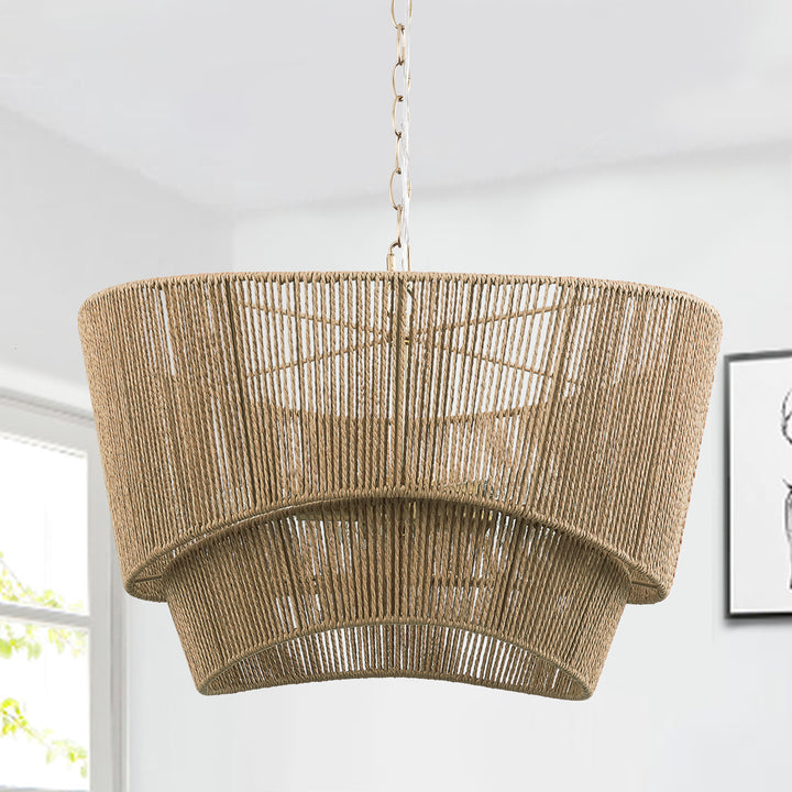 5-light Electroplated Brass Wood Ratten Paper Rope Chandelier For Living Room/bedroom #28010-WD