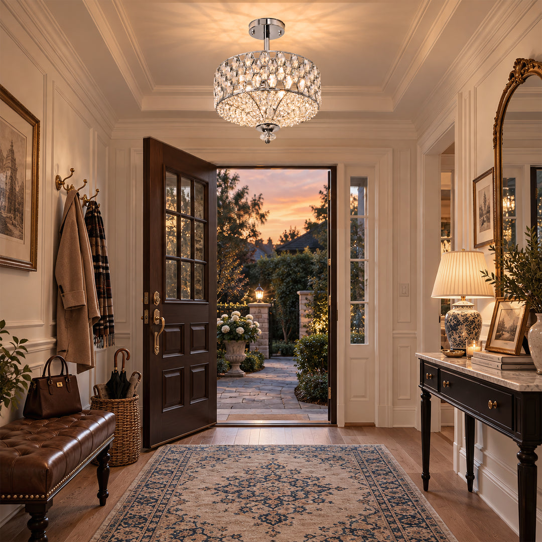 14" 3-Light Polished Brass Drum Semi-Flush Mount Ceiling Light with Crystal Accents for Living Room & Bedroom #19241