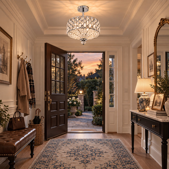 14" 3-Light Polished Brass Drum Semi-Flush Mount Ceiling Light with Crystal Accents for Living Room & Bedroom #19241