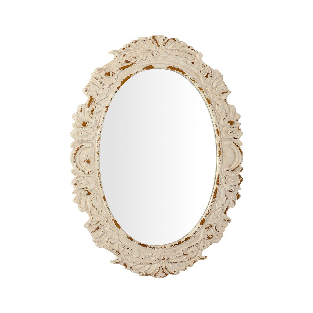 26 in. W x 34 in. H Antiqued White Baroque Oval Framed Wall Bathroom Vanity Mirror #25011