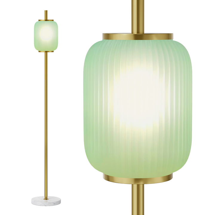 64" Modern Brass Floor Lamp With Ribbed Green Glass Shade And Marble Base, Tall Standing Light For Living Room And Bedroom #
