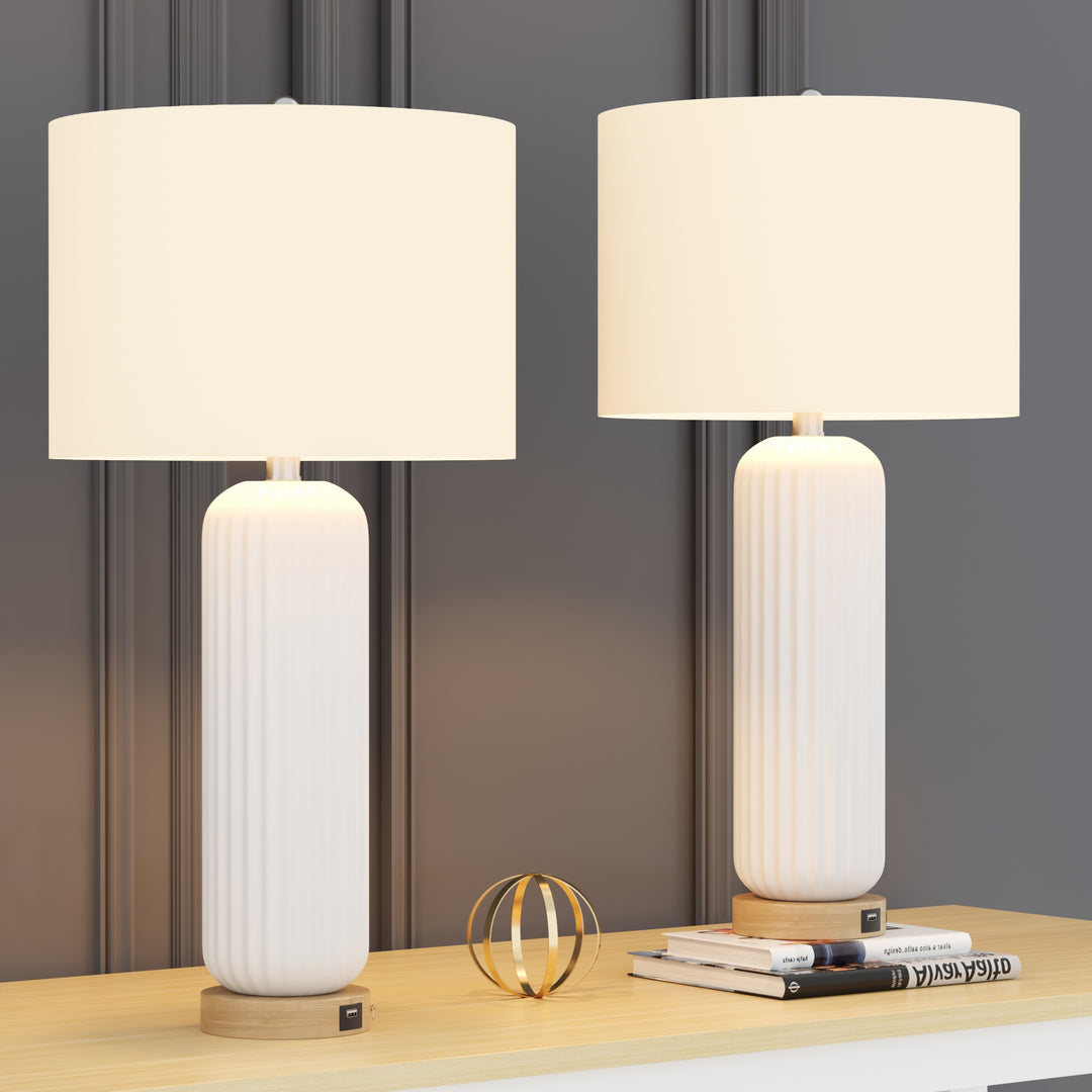 28" Modern Fluted Ceramic Table Lamp with USB Charging Port and 3-Way Dimmable Lighting for Bedroom, Living Room and Study (Set of 2) #T164