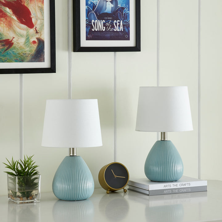 Yullili 15.5'' Ceramic Table Lamp Set of 2 with Lampshade, Mini Blue Modern Table Lamps for Living Room Bedroom