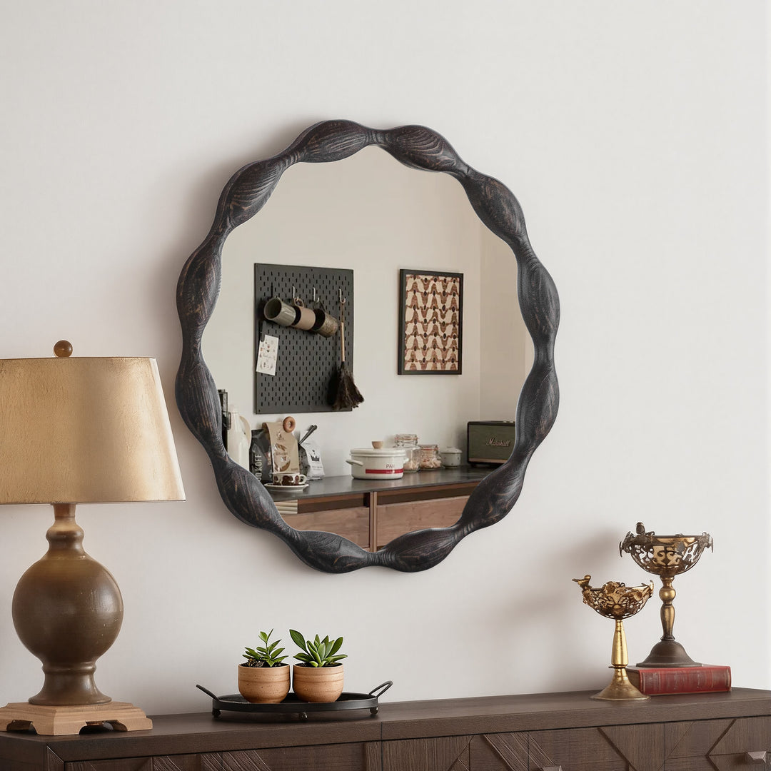Clarity 32.5" Vintage Oval Solid Wood Framed Wavy Organic Design Wall Mounted Vanity Mirror #25036