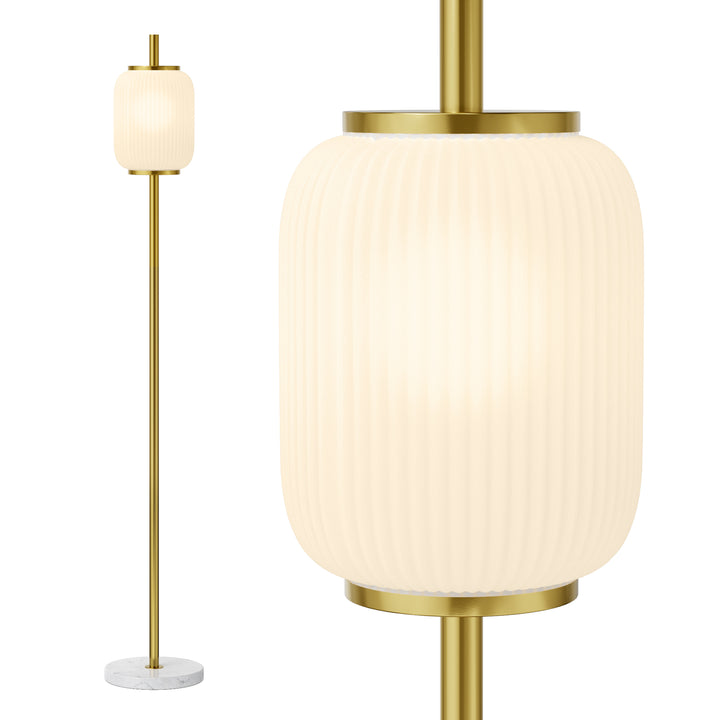 64" Modern Brass Floor Lamp With Ribbed Green Glass Shade And Marble Base, Tall Standing Light For Living Room And Bedroom #
