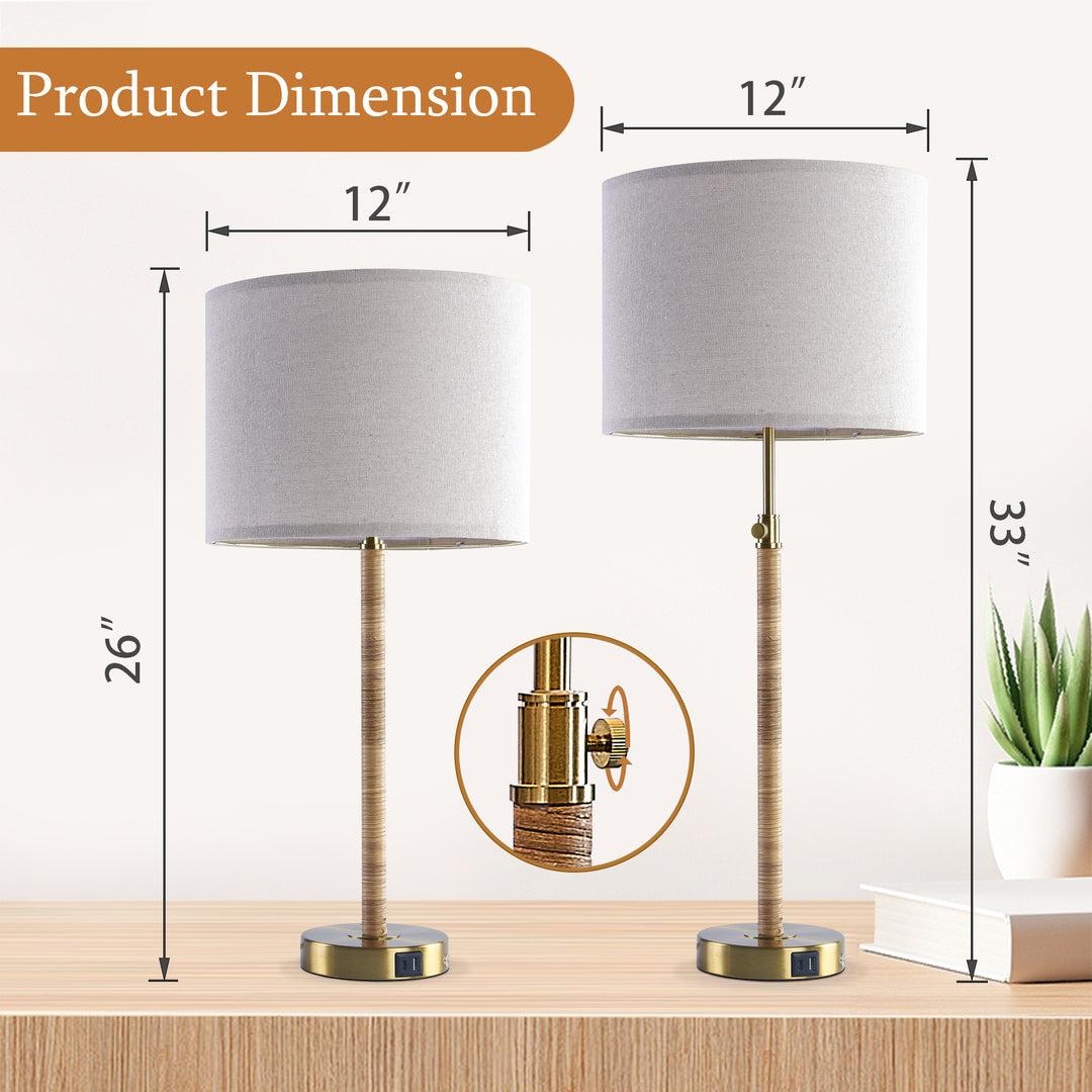 33'' Modern Farmhouse Metal And Rattan Table Lamp With Usb Ports For Living Room/Bedroom