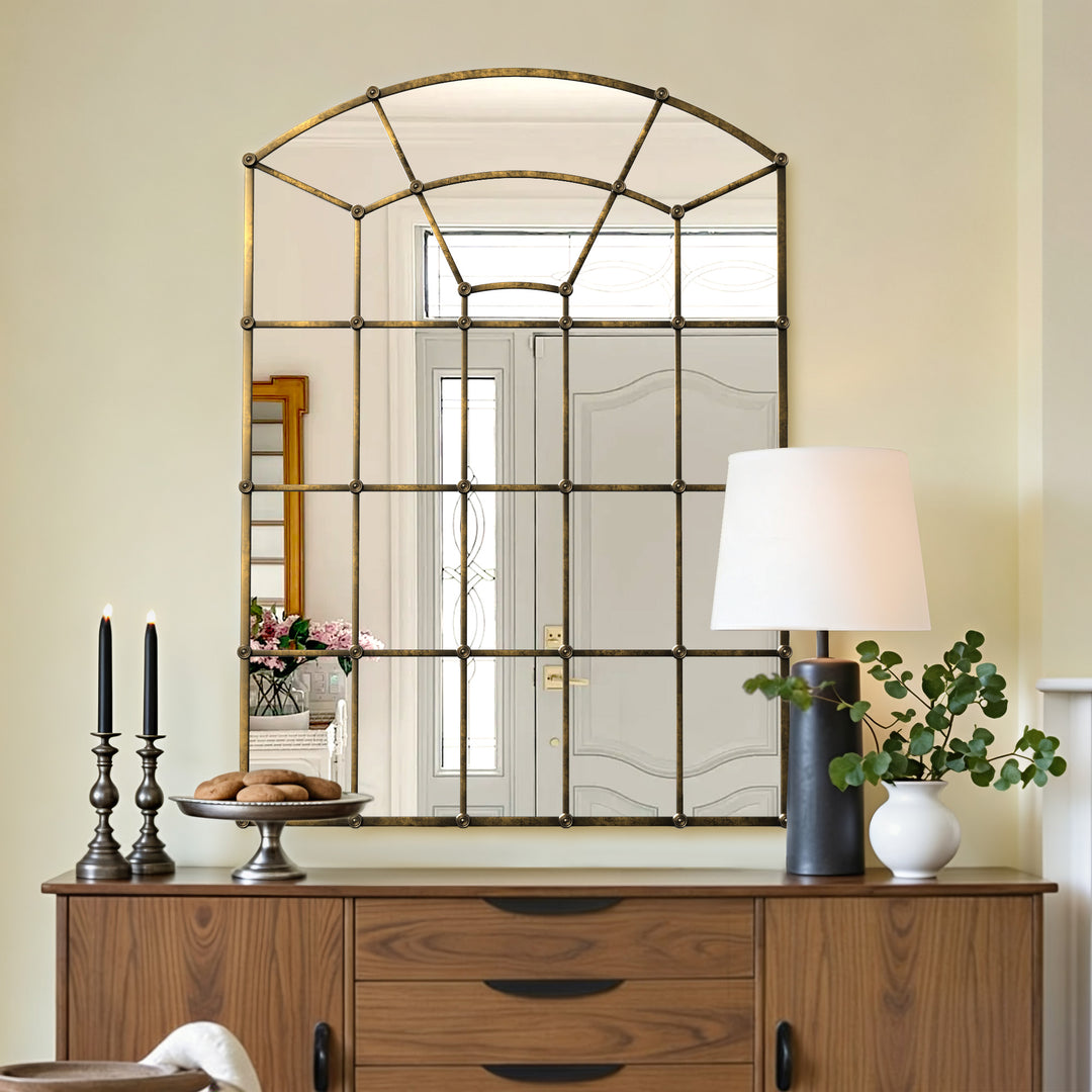 Reflect Vintage Metal Framed Arch Bronze Window & Wall Mantel Mirror For Living Room Entryway #30005