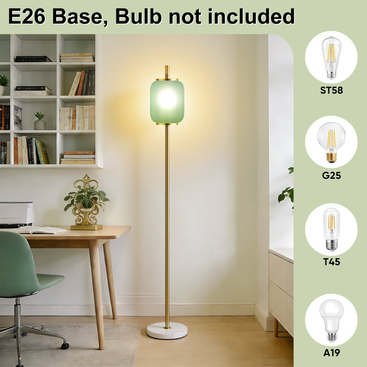 64" Modern Brass Floor Lamp With Ribbed Green Glass Shade And Marble Base, Tall Standing Light For Living Room And Bedroom #