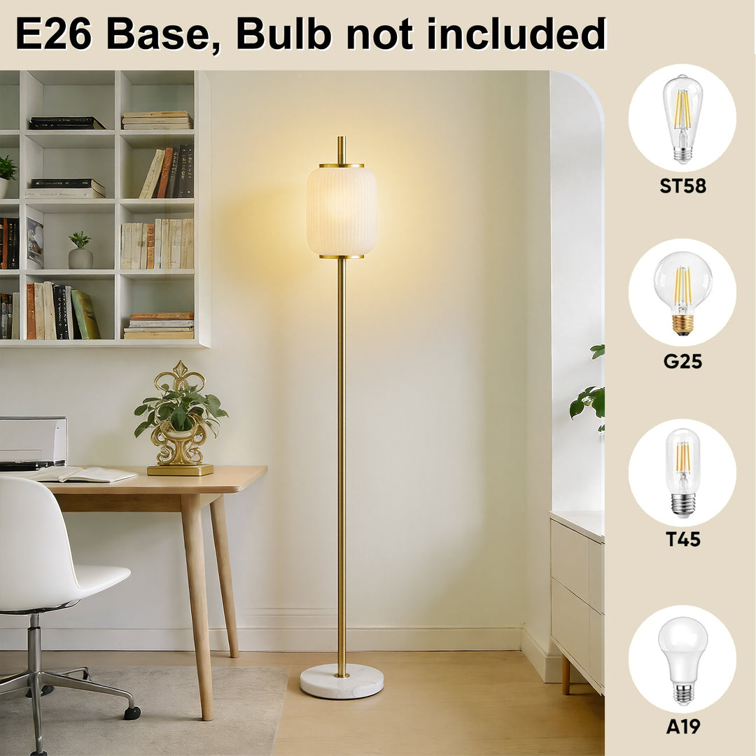 64" Modern Brass Floor Lamp With Ribbed Green Glass Shade And Marble Base, Tall Standing Light For Living Room And Bedroom #
