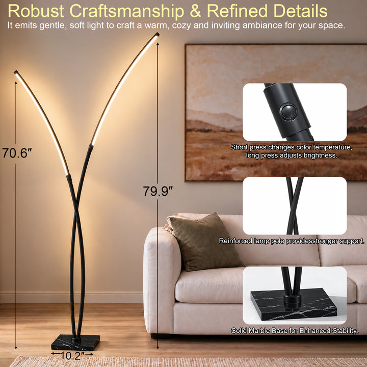 80" Modern LED Metal Floor Lamp 3-Color Lighting Stepless Dimming with Marble Base 