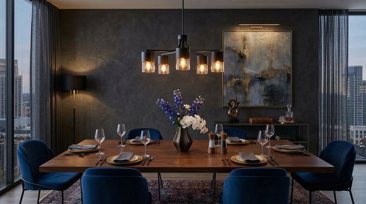 Glimmer 5-light 28"w Gold/black/nickel Modern/traditional Spider Chandelier With Clear Glass Shades For Dining Room Or Kitchen #29034