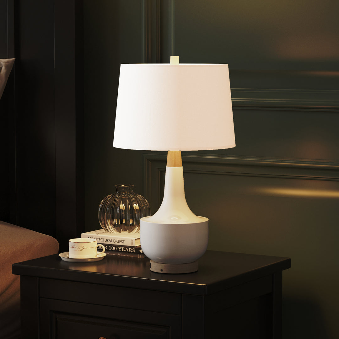 26'' Modern Minimalist Ceramic And Solid Wood Table Lamp with USB Ports