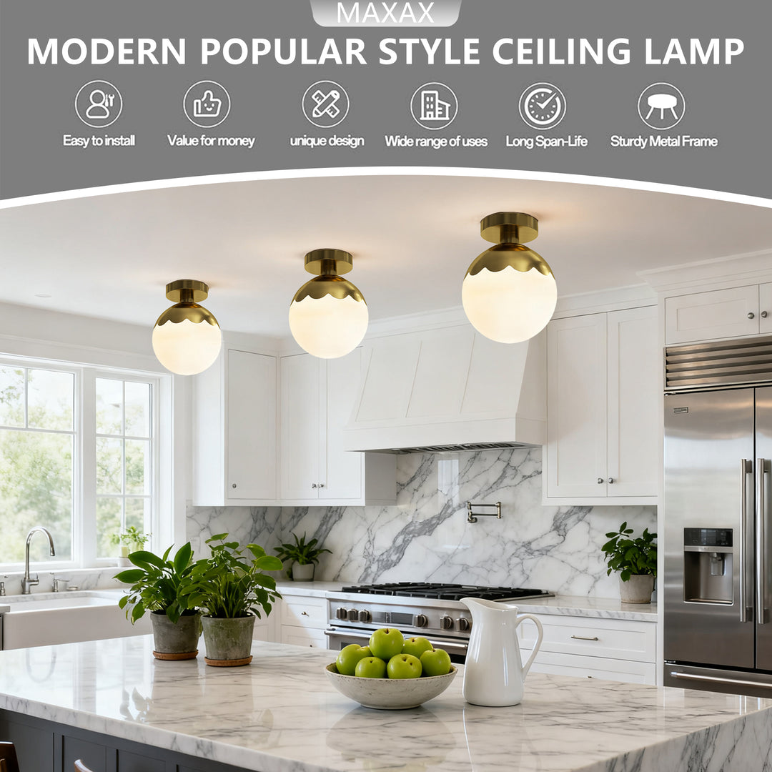 7.78 "-1 Light Paint Black /Brushed Brass /Brushed Nickel Modern Minimalist Milky White Glass Globe Semi Flush Mount Lighting Fixture For Bedroom/Hallway ＃C001