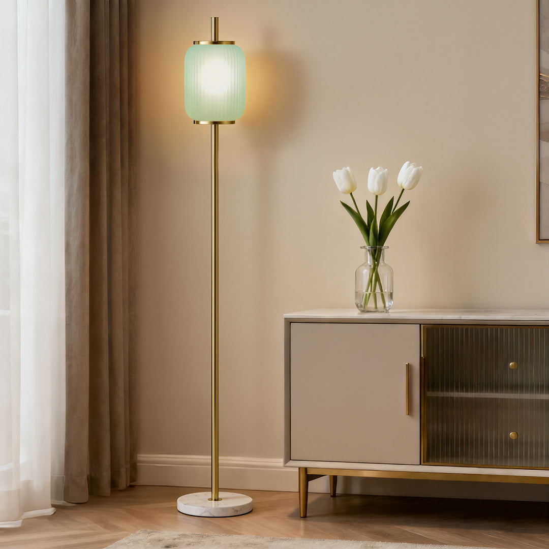 64" Modern Brass Floor Lamp With Ribbed Green Glass Shade And Marble Base, Tall Standing Light For Living Room And Bedroom #