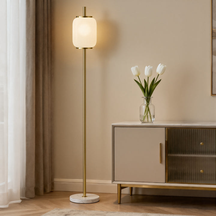 64" Modern Brass Floor Lamp With Ribbed Green Glass Shade And Marble Base, Tall Standing Light For Living Room And Bedroom #