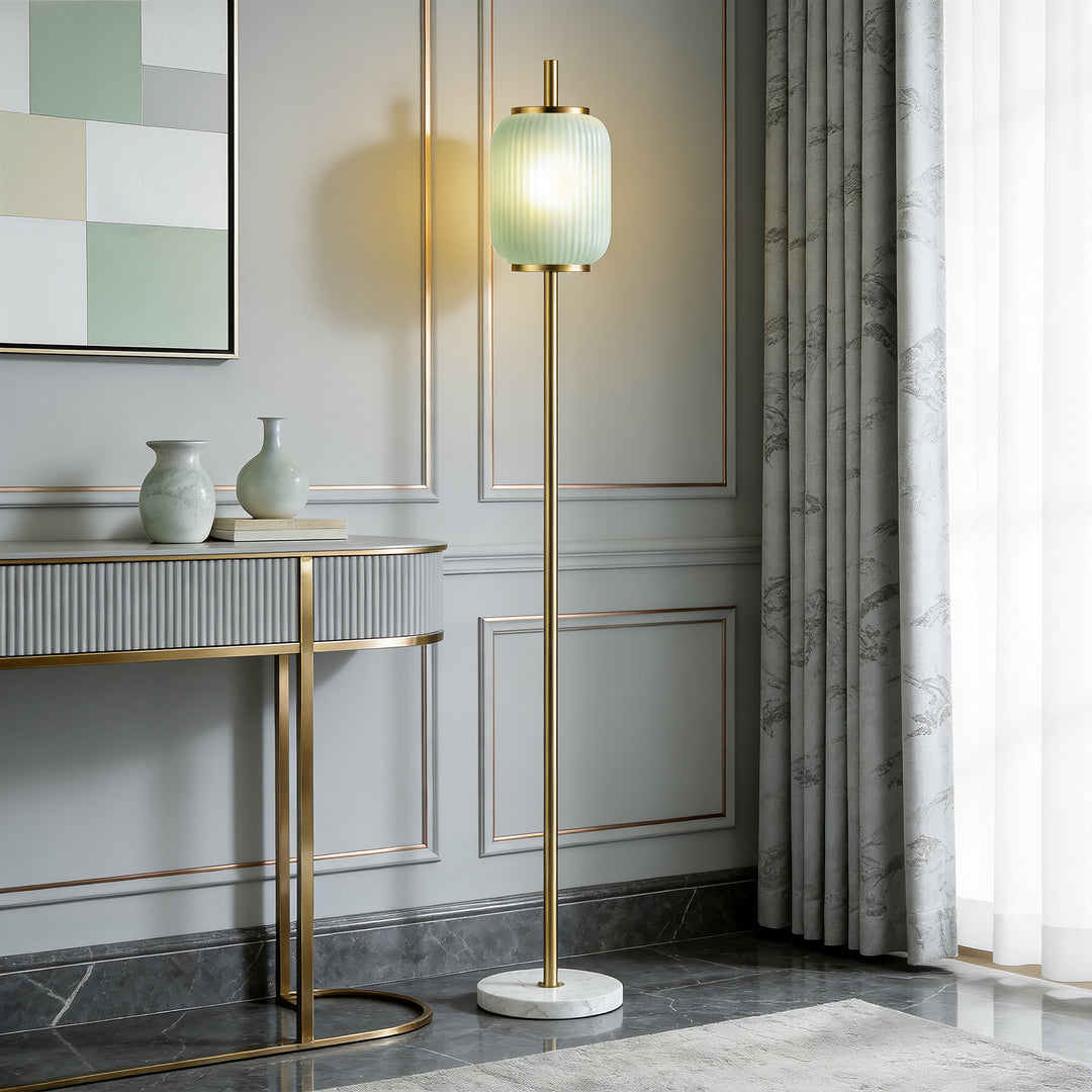 64" Modern Brass Floor Lamp With Ribbed Green Glass Shade And Marble Base, Tall Standing Light For Living Room And Bedroom #