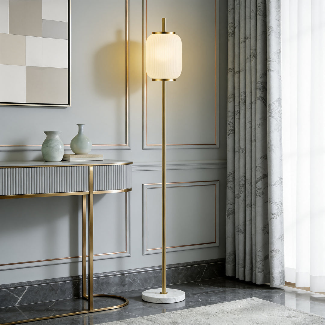 64" Modern Brass Floor Lamp With Ribbed Green Glass Shade And Marble Base, Tall Standing Light For Living Room And Bedroom #