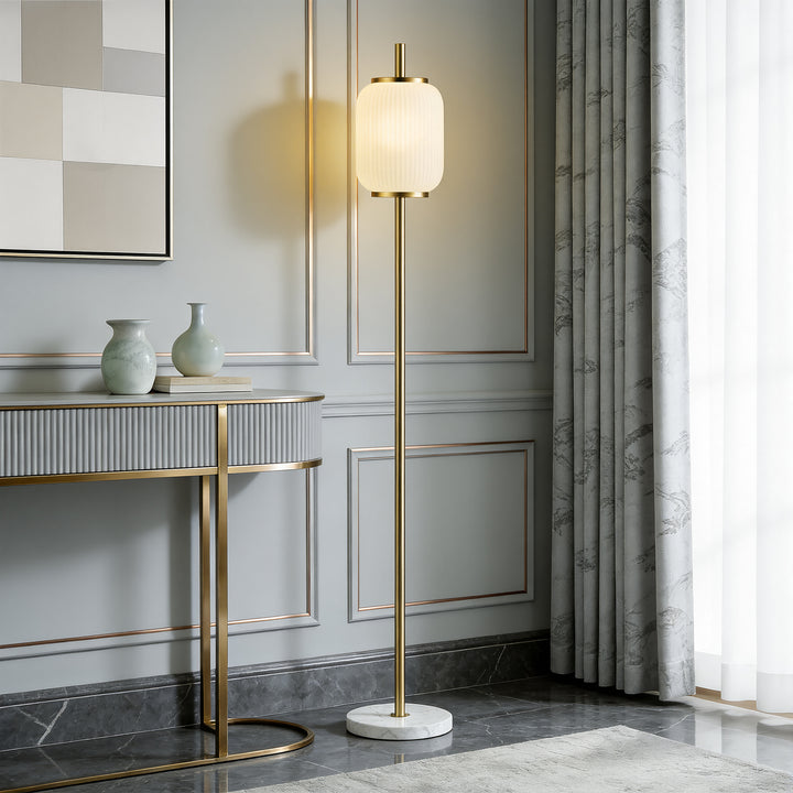 64" Modern Brass Floor Lamp With Ribbed Green Glass Shade And Marble Base, Tall Standing Light For Living Room And Bedroom #