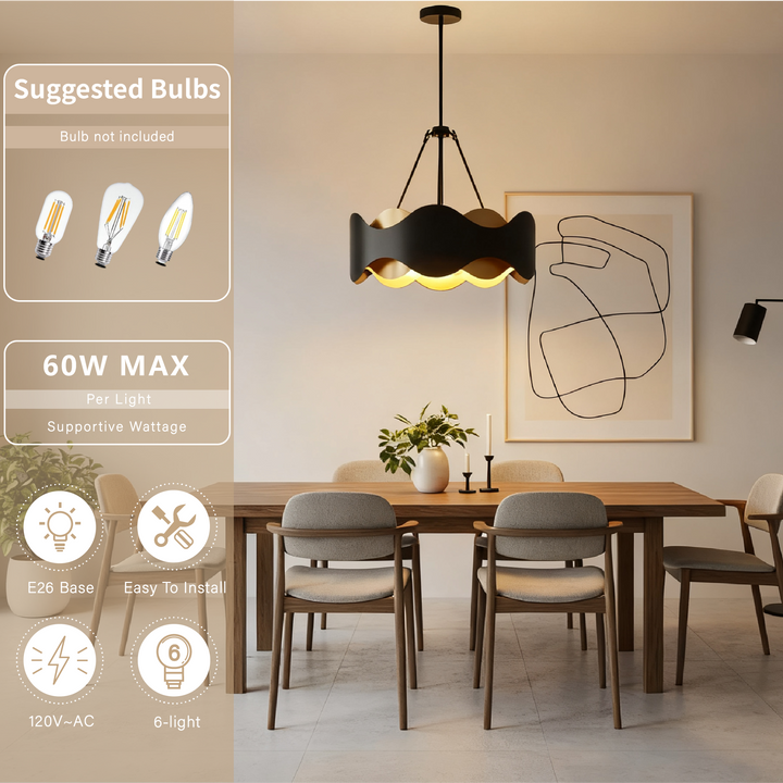 Glimmer 6-Light 24"W Black/Gold Modern Drum Chandelier With Iron Shade For Bedroom Or Living Room #MX21056